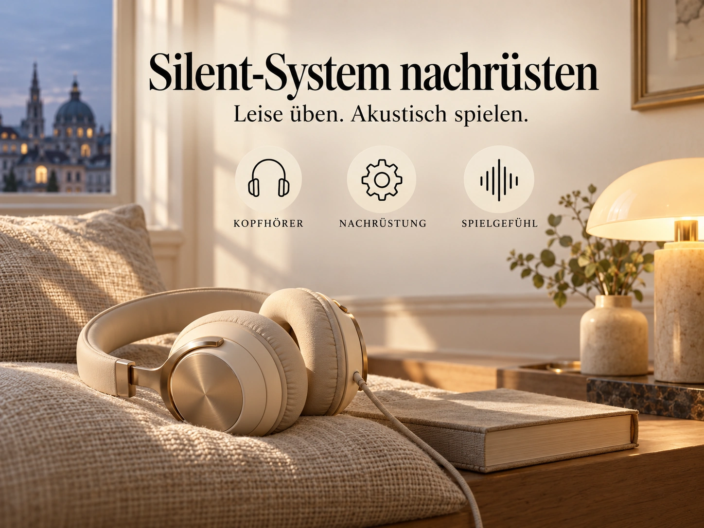 Silent-System nachrüsten: Kopfhörer in ruhiger Wohnatmosphäre für leises Üben am akustischen Klavier.
