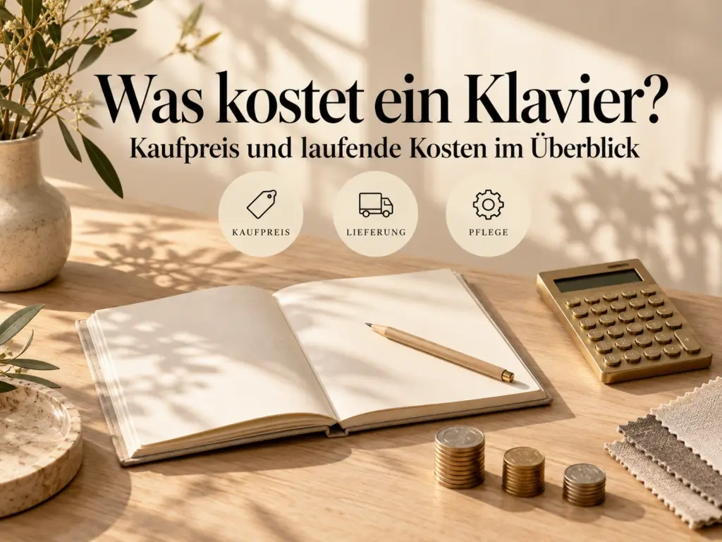Was kostet ein Klavier? Notizbuch, Rechner und Münzen zur Planung von Kaufpreis und laufenden Kosten.