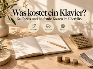 Was kostet ein Klavier? Notizbuch, Rechner und Münzen zur Planung von Kaufpreis und laufenden Kosten.